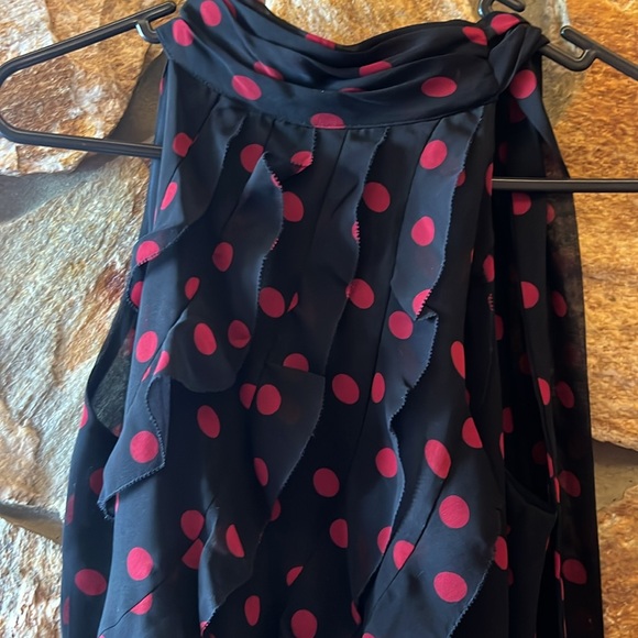 White House black market black and red polka dot ruffled high neckline blouse - Picture 2 of 4